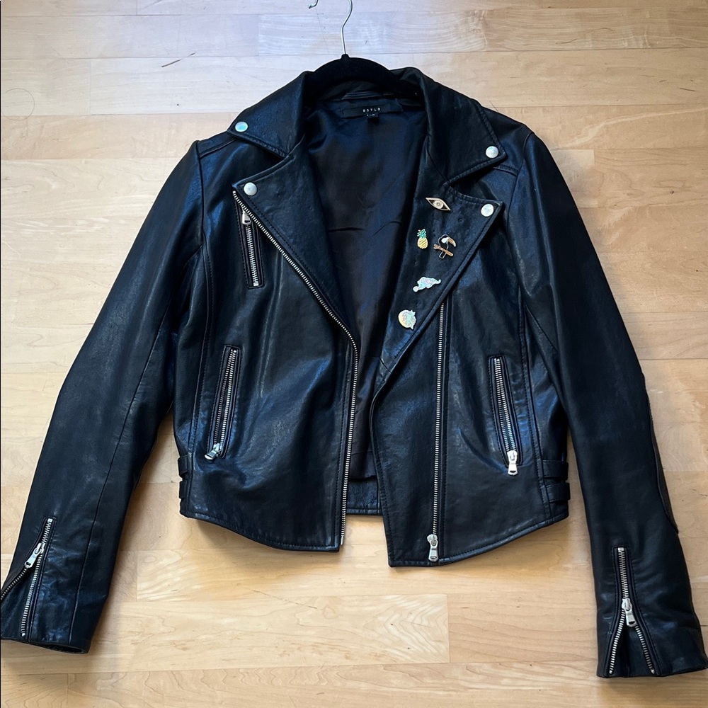 DSTLD Black Leather Jacket with Pin Accents